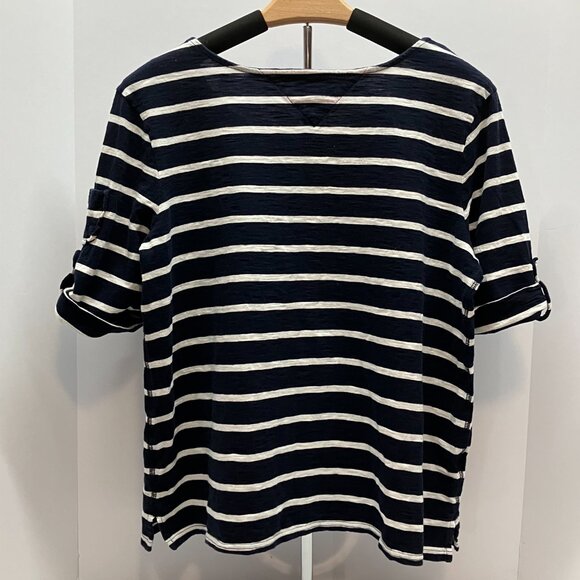 VTG Tommy Hilfiger Womens Navy White Striped Roll Tab Short Sleeve Top Size XL - Picture 2 of 6